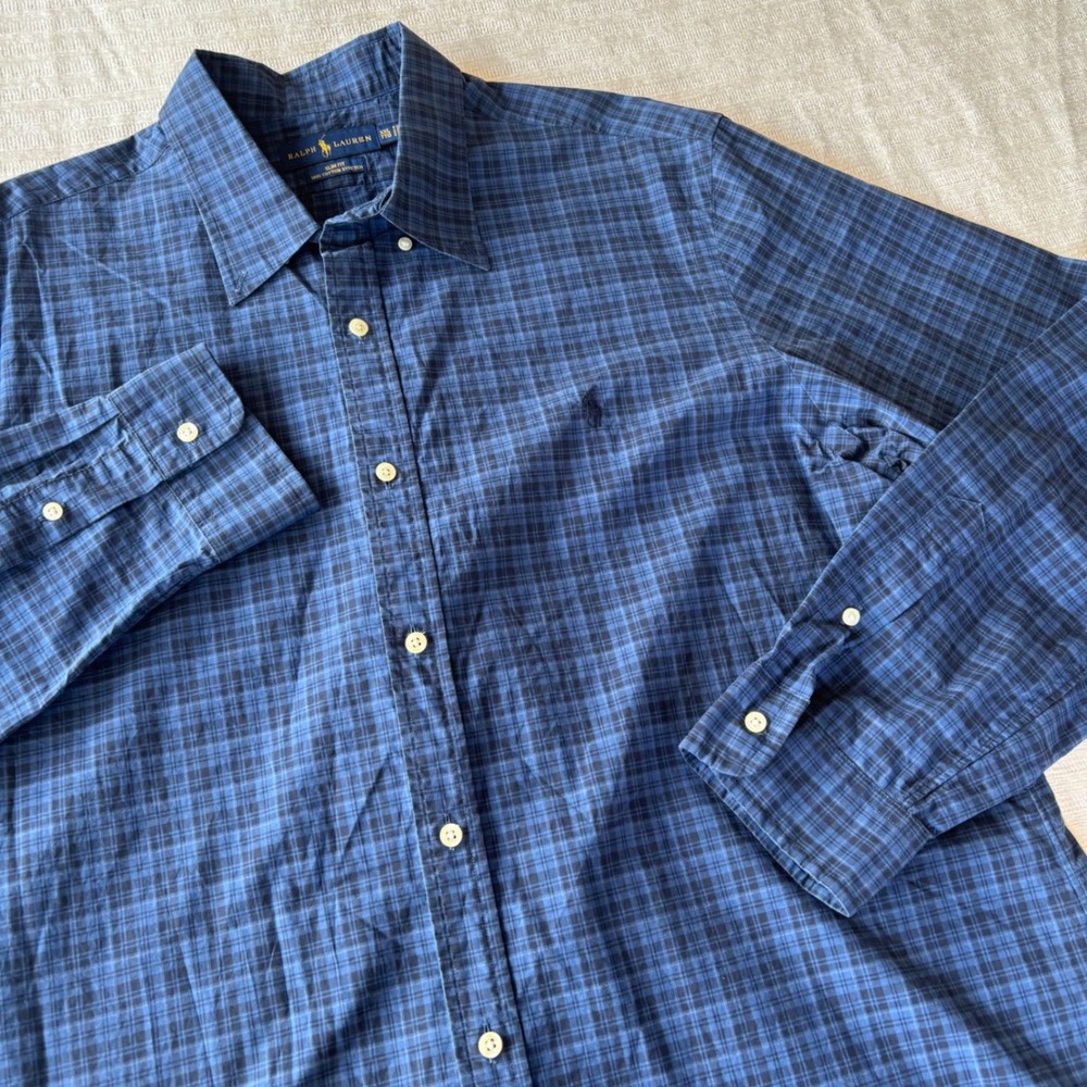 Ralph Lauren Mens XXL Blue Plaid Slim Fit Cotton Stretch Button Down Shirt